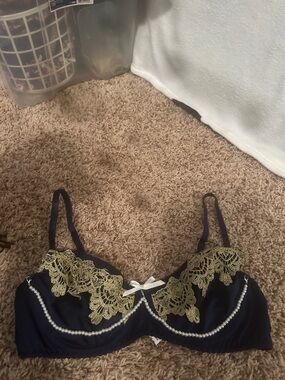 SHEIN Navy Bra with Gold Lace & Pearl Trim